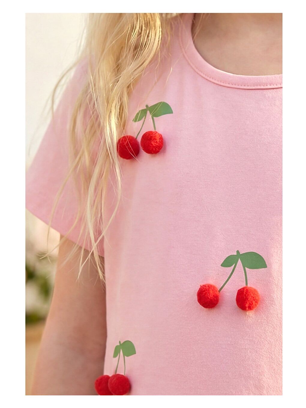 Kız Çocuk Pamuklu Pembe Kiraz Aplikeli Tül Elbise-3