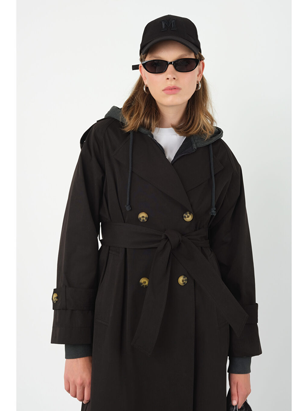 Kolu Apoletli Klasik Trençkot Siyah-3