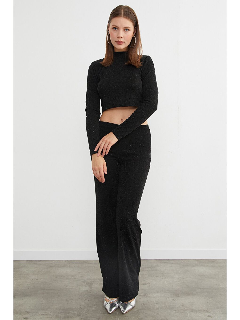 Siyah Beli Lastikli Taşlı Ve Simli Palazzo Pantolon-3