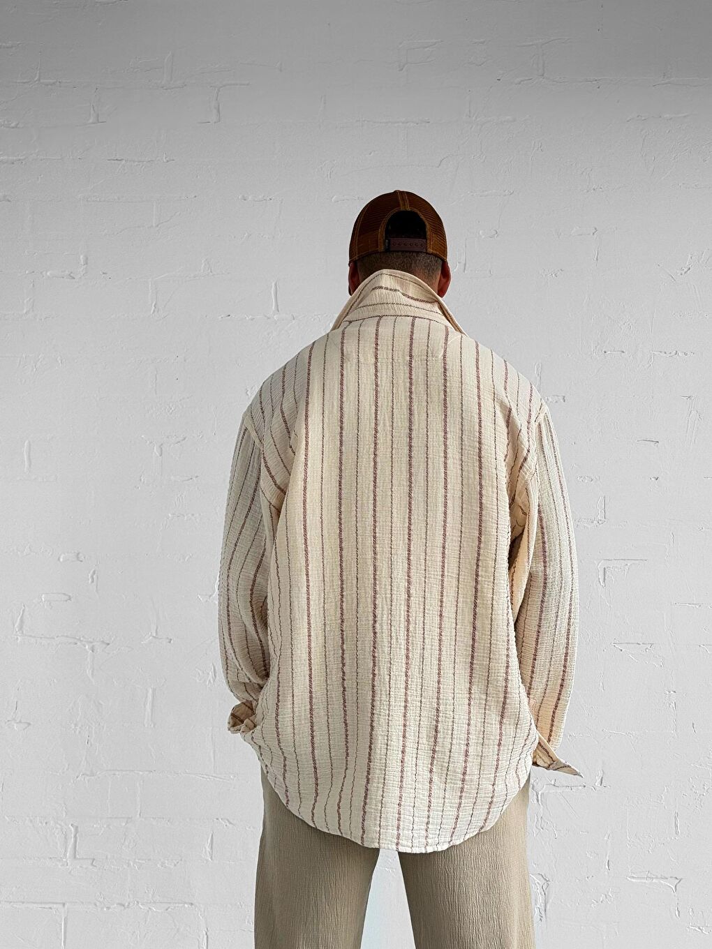 Erkek Oversize Pamuklu Yumuşak Dokulu Çizgili Gömlek Kırmızı Bej-3