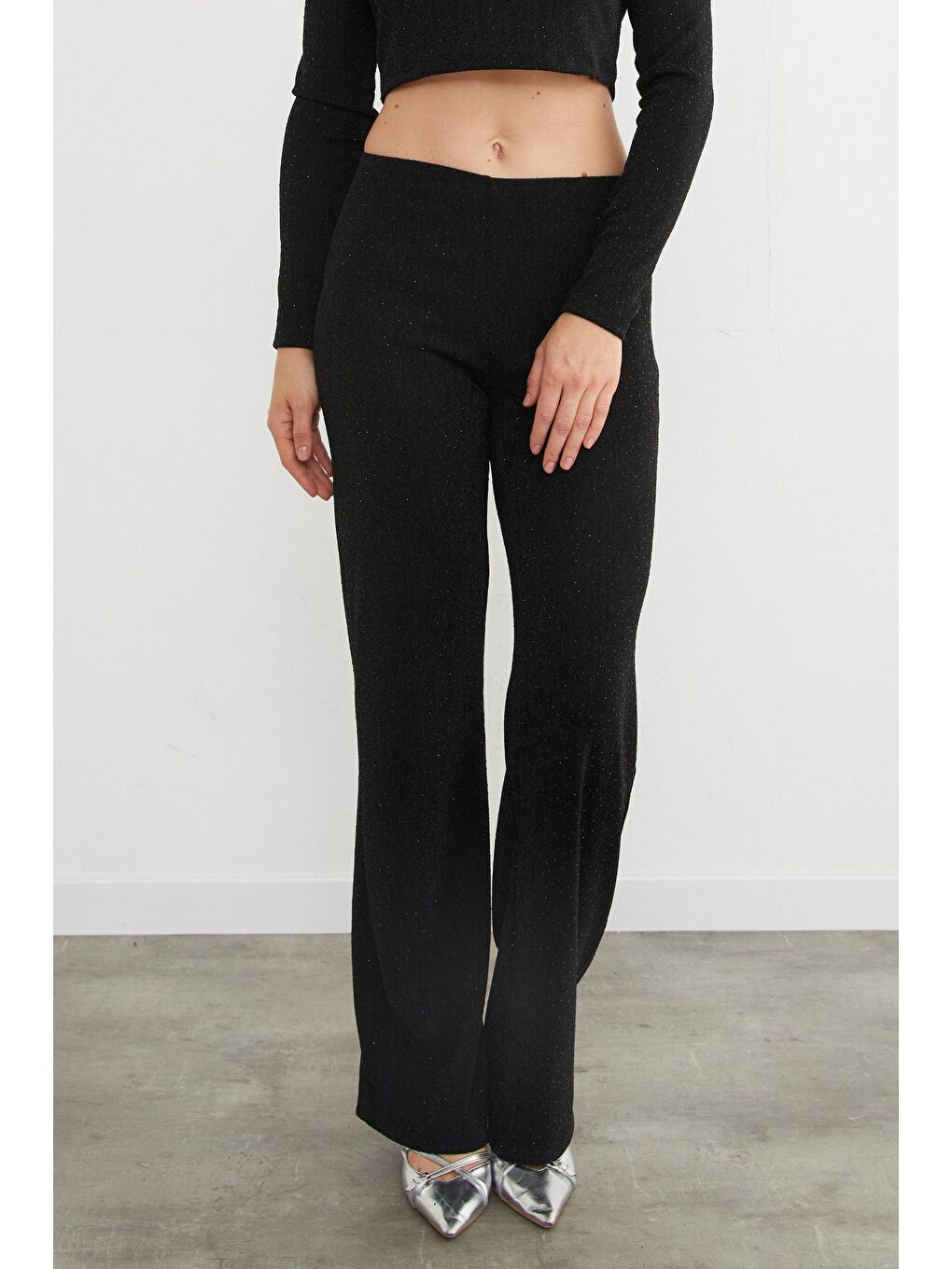 Siyah Beli Lastikli Taşlı Ve Simli Palazzo Pantolon-4