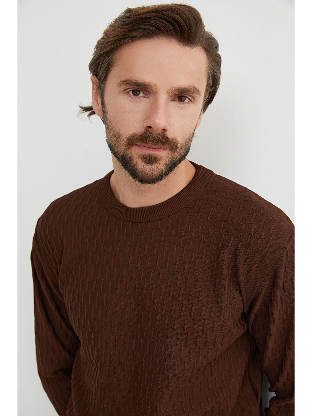 Kahverengi Basic Bisiklet Yaka Triko Kazak-1