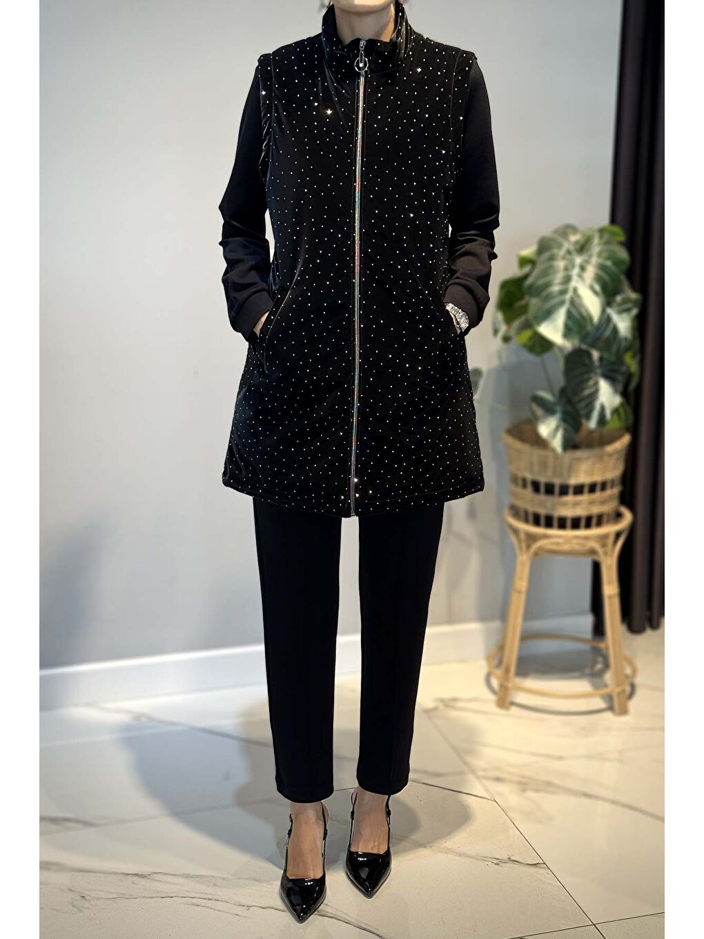 Taş Detay Kapitone Yelekli 3'lü Takım 25143 Siyah