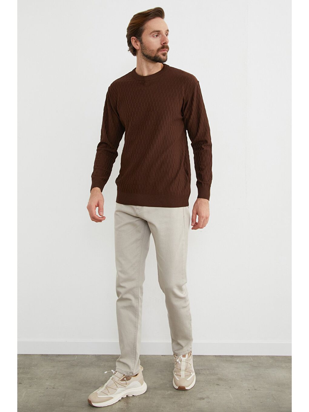 Kahverengi Basic Bisiklet Yaka Triko Kazak-2