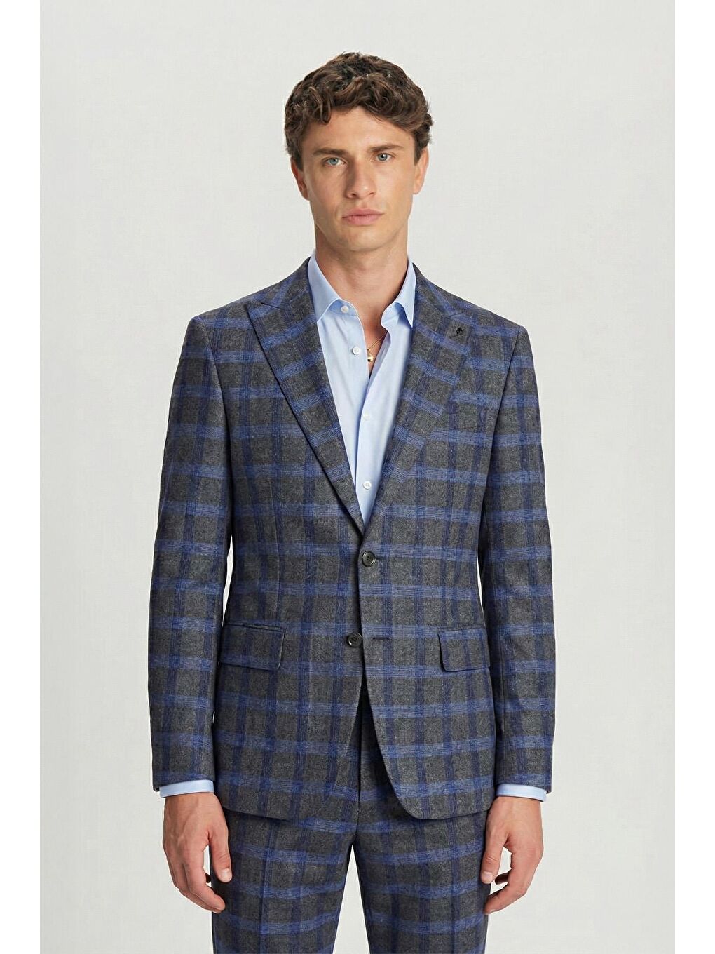 Giotelli Gri Slim Fit Ekose Desenli Mono Yaka Takım Elbise