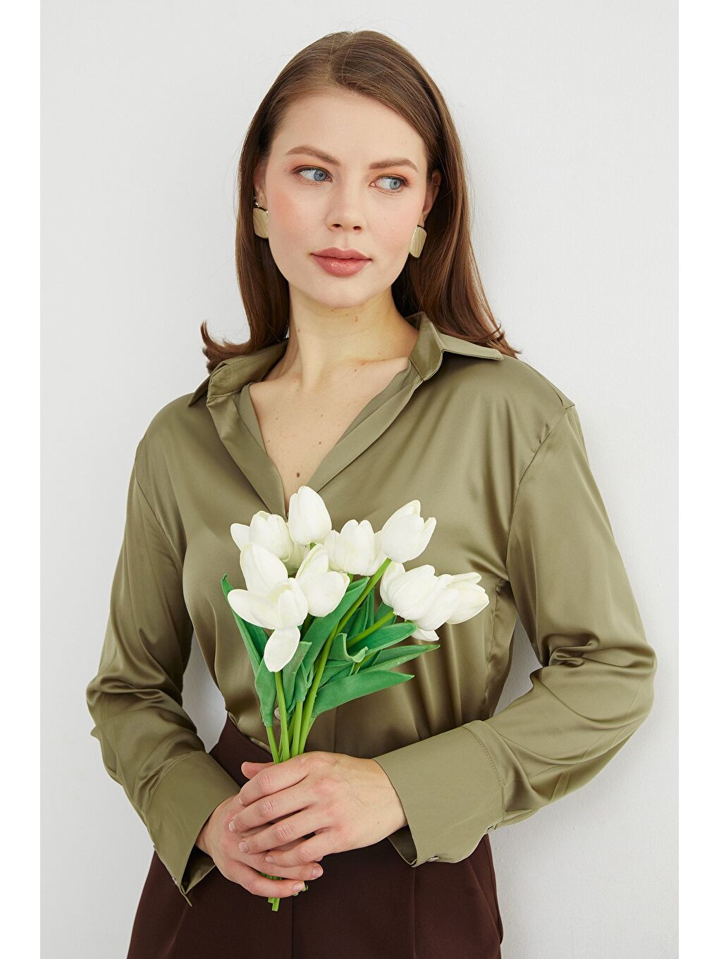 Yeşil Basic Saten Gömlek-1