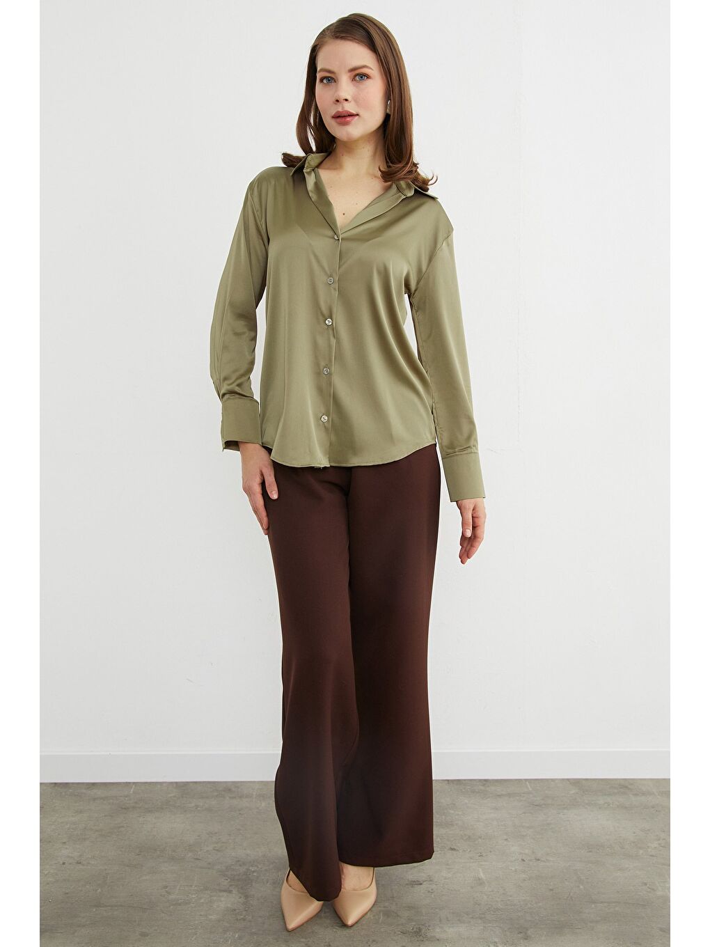 Yeşil Basic Saten Gömlek-2