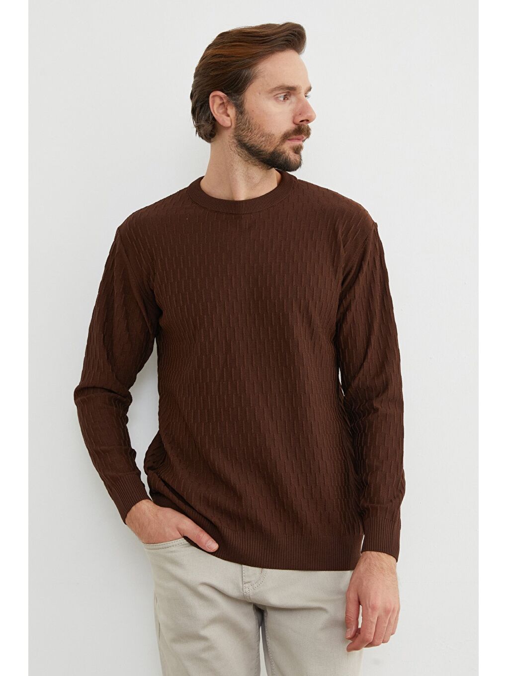 Kahverengi Basic Bisiklet Yaka Triko Kazak-3