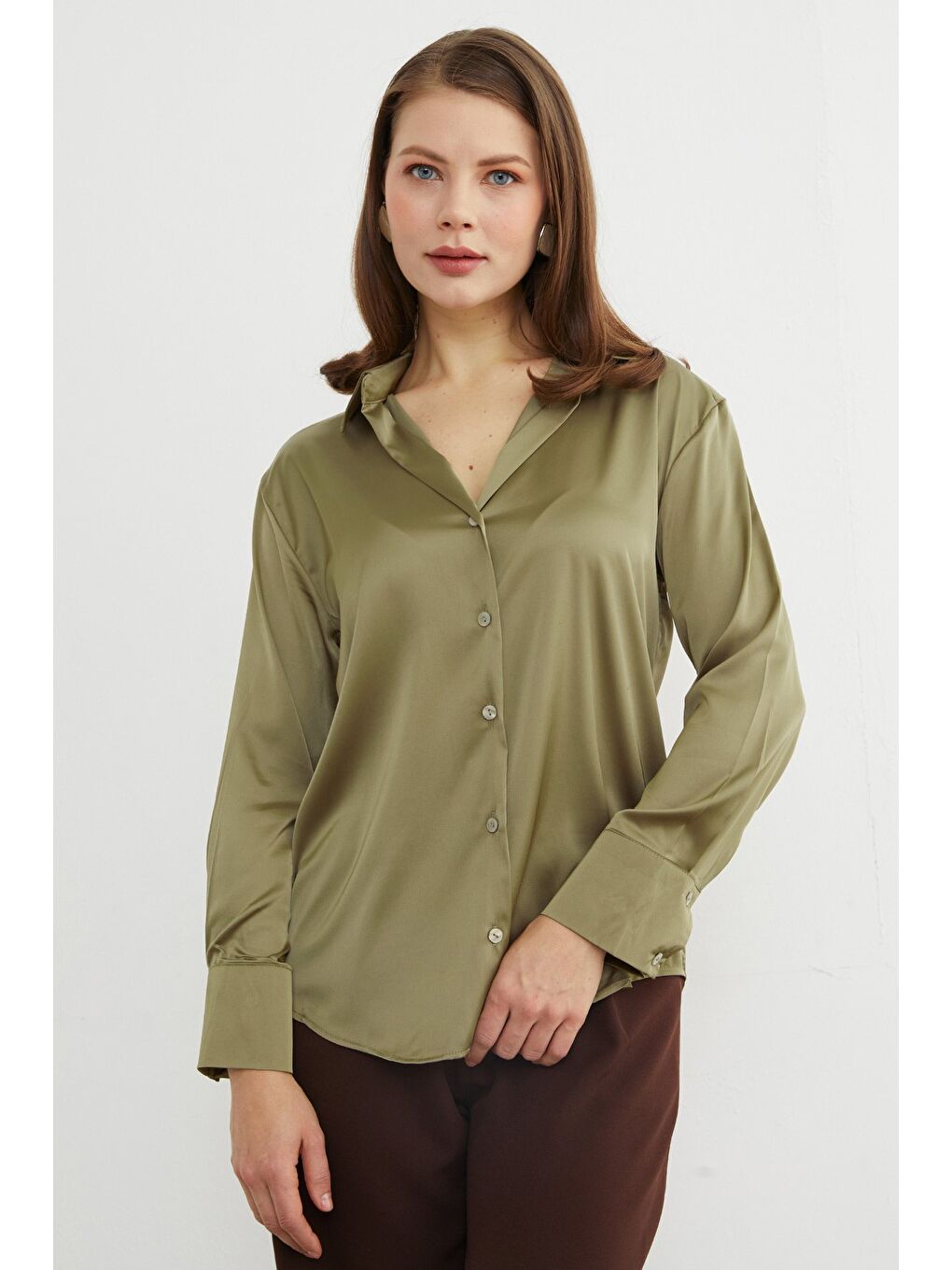 Yeşil Basic Saten Gömlek-3