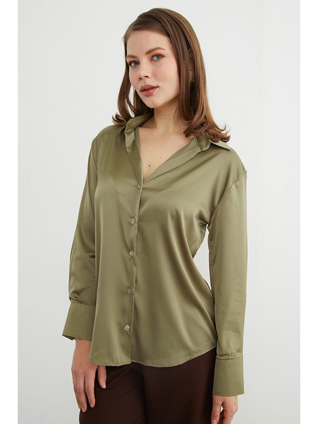 Yeşil Basic Saten Gömlek-4