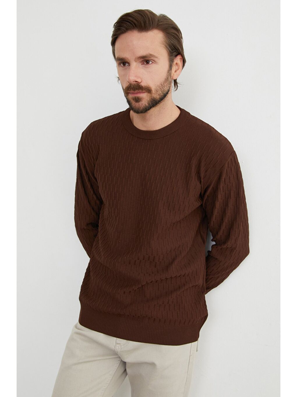 Kahverengi Basic Bisiklet Yaka Triko Kazak-4