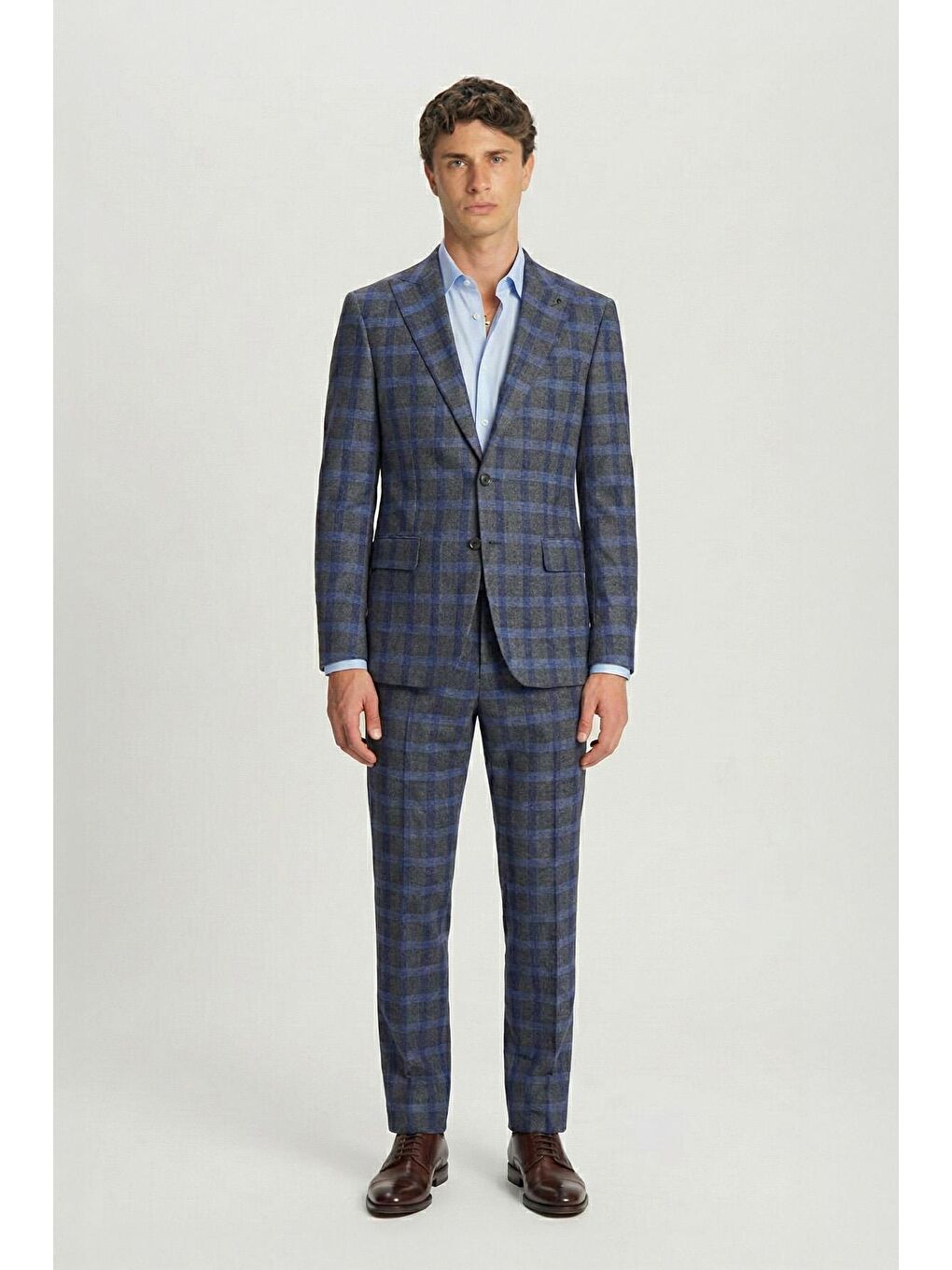 Giotelli Gri Slim Fit Ekose Desenli Mono Yaka Takım Elbise-1