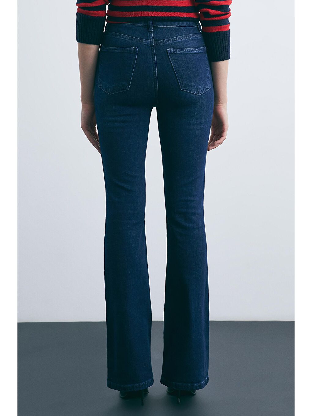Koyu Mavi Yüksel Bel Flare Paça Jeans-5