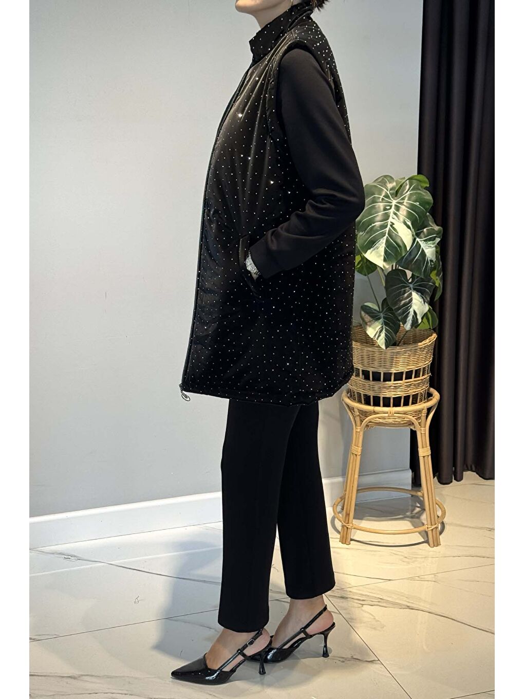 Taş Detay Kapitone Yelekli 3'lü Takım 25143 Siyah-2