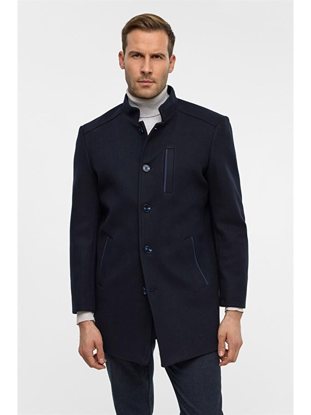 Lacivert Regular Düz Hakim Yaka Kaban