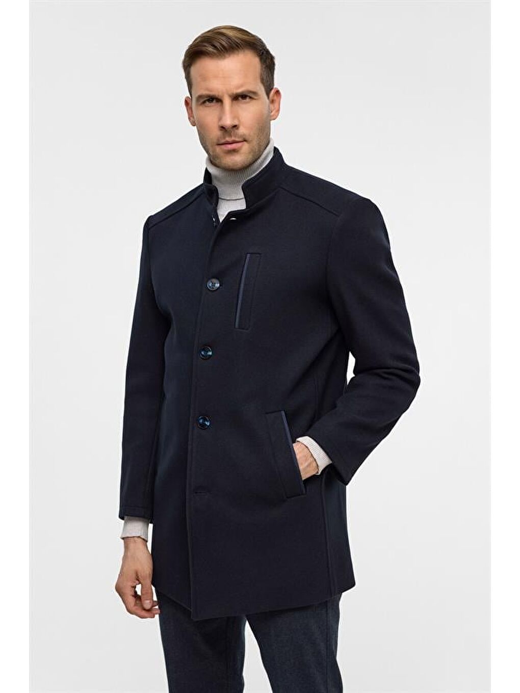 Lacivert Regular Düz Hakim Yaka Kaban-1