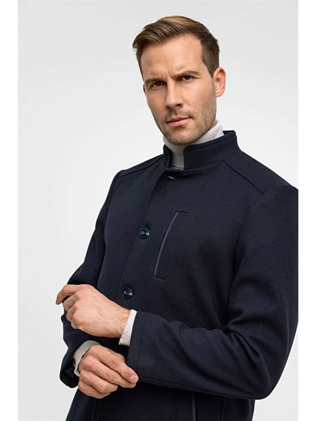 Lacivert Regular Düz Hakim Yaka Kaban-2