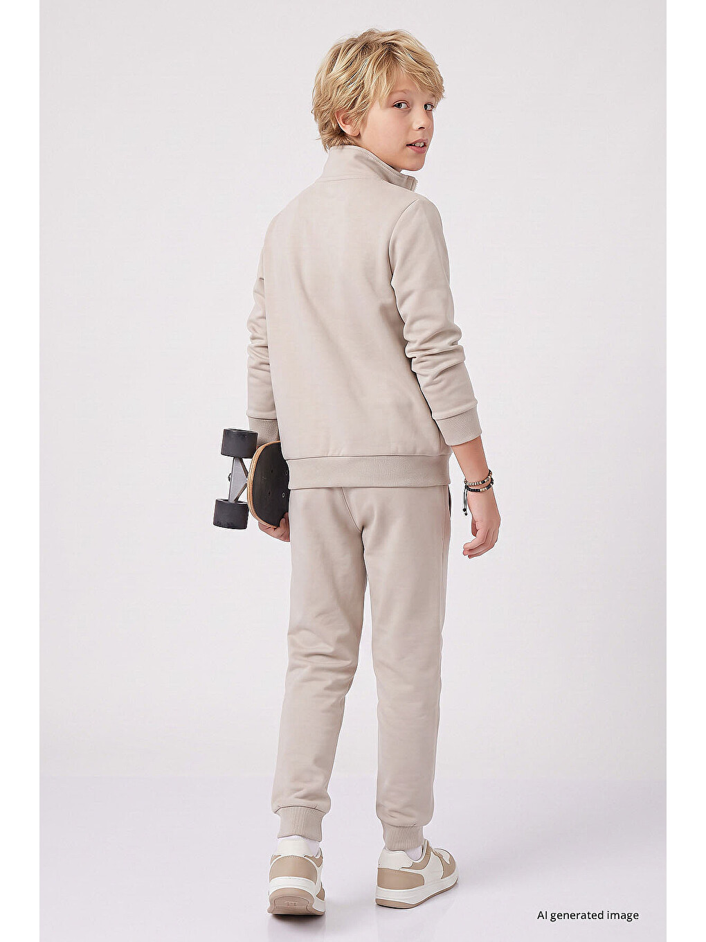 Bej Standart Fit Basic Dik Yaka Jogger Erkek Çocuk Eşofman Takım - 11327-4