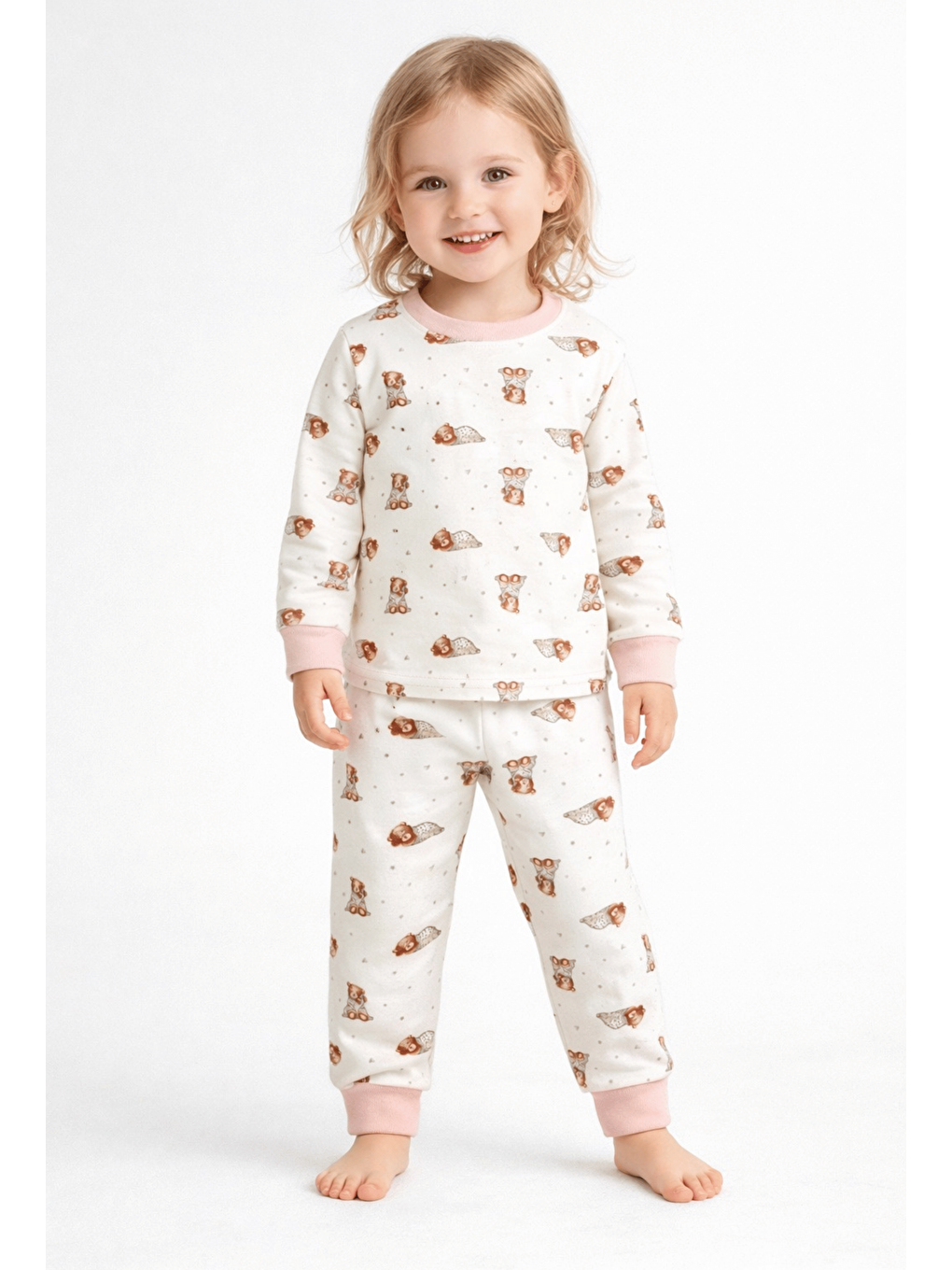 Ekru Bisiklet Yaka Uzun Kollu Kız Bebek Pijama Takımı