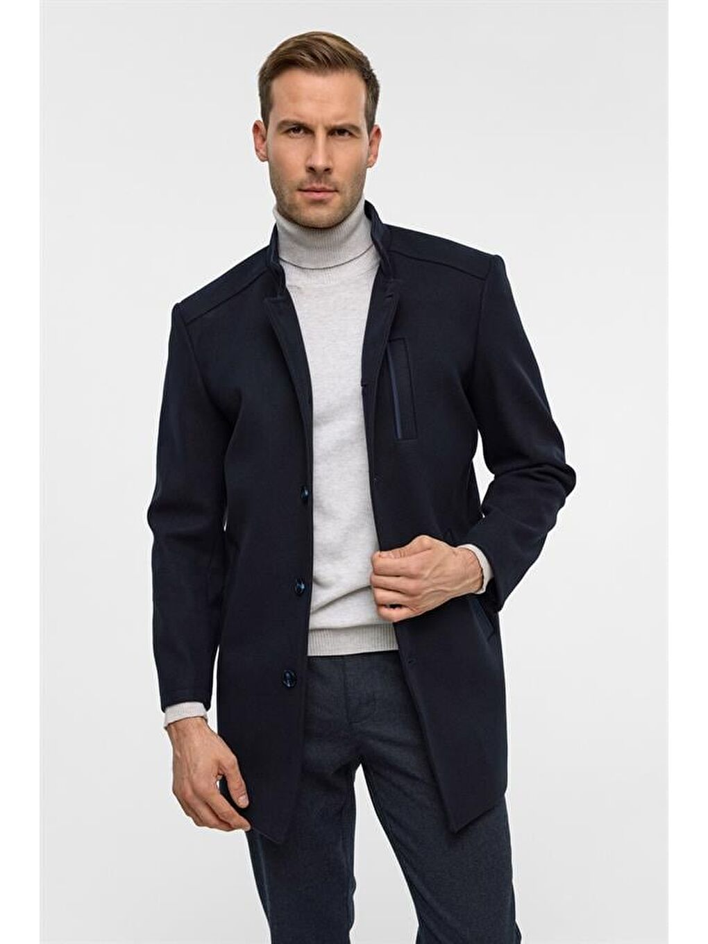 Lacivert Regular Düz Hakim Yaka Kaban-3