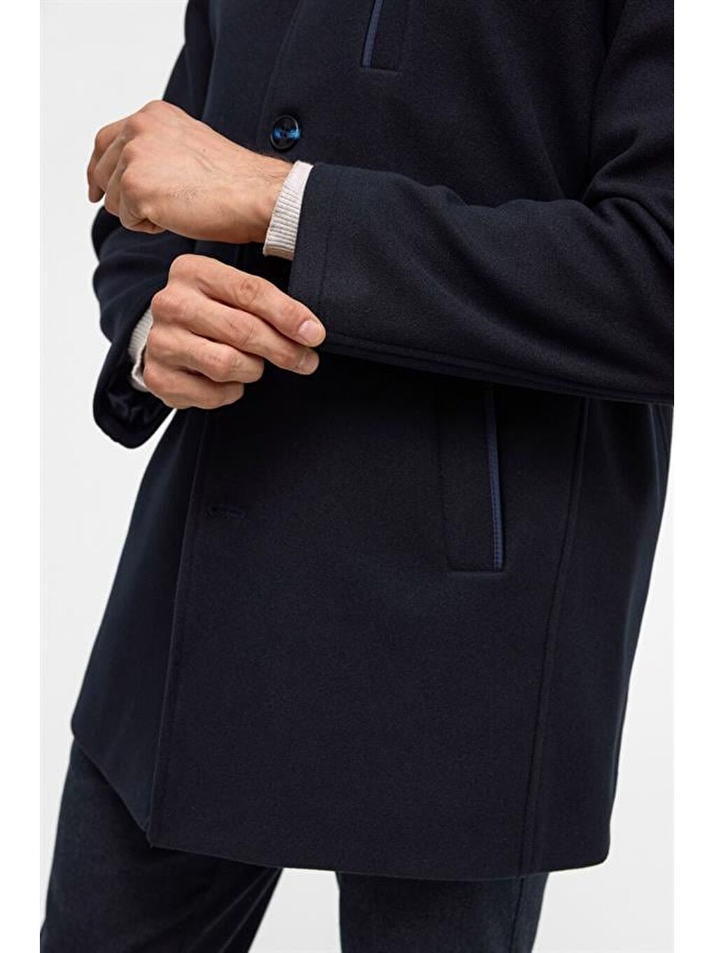 Lacivert Regular Düz Hakim Yaka Kaban-4