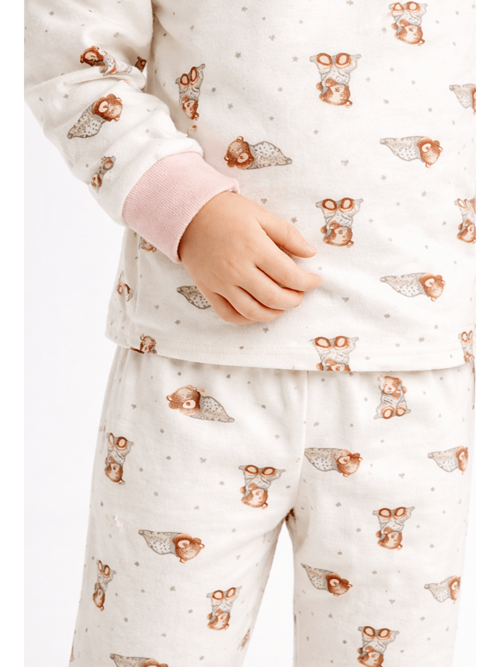 Ekru Bisiklet Yaka Uzun Kollu Kız Bebek Pijama Takımı-1