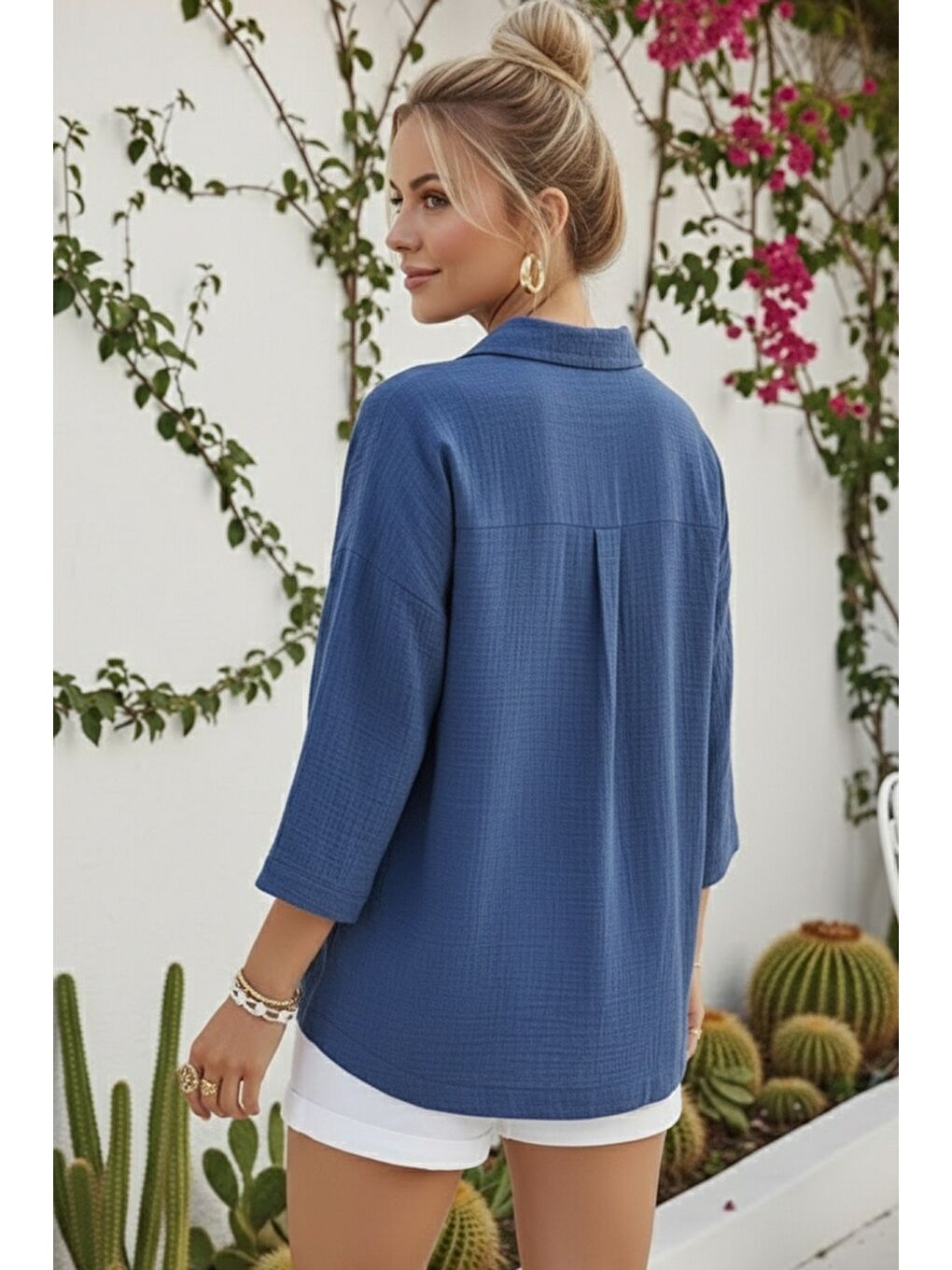 Mavi Gömlek Yaka Düğmeli Uzun Kollu Yıkamalı Casual Müslin Dokuma Bluz 70 65-1