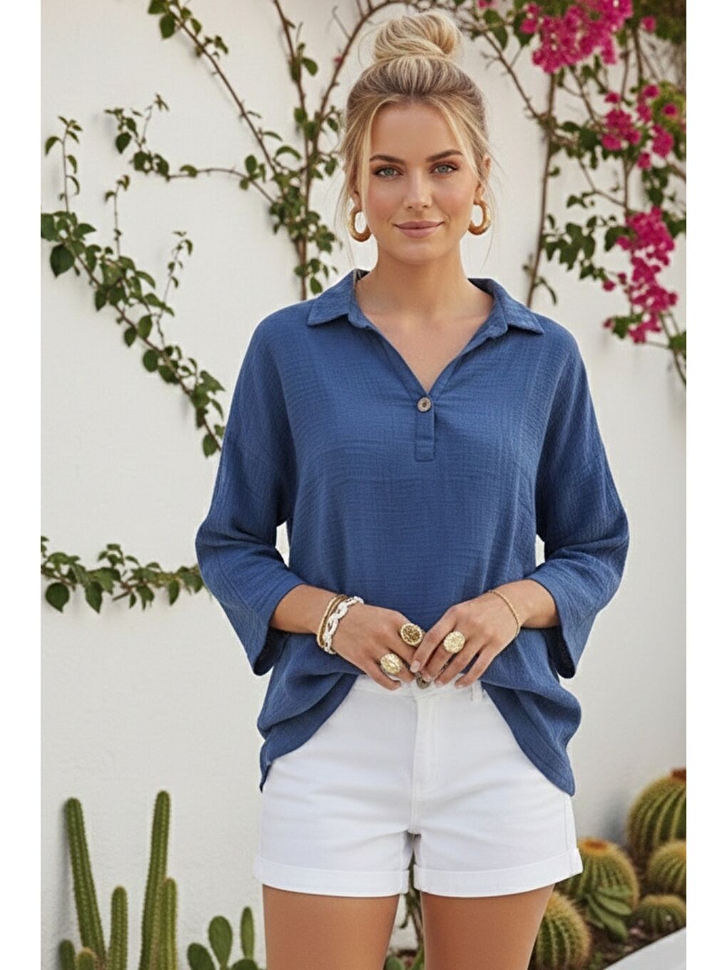 Mavi Gömlek Yaka Düğmeli Uzun Kollu Yıkamalı Casual Müslin Dokuma Bluz 70 65-2