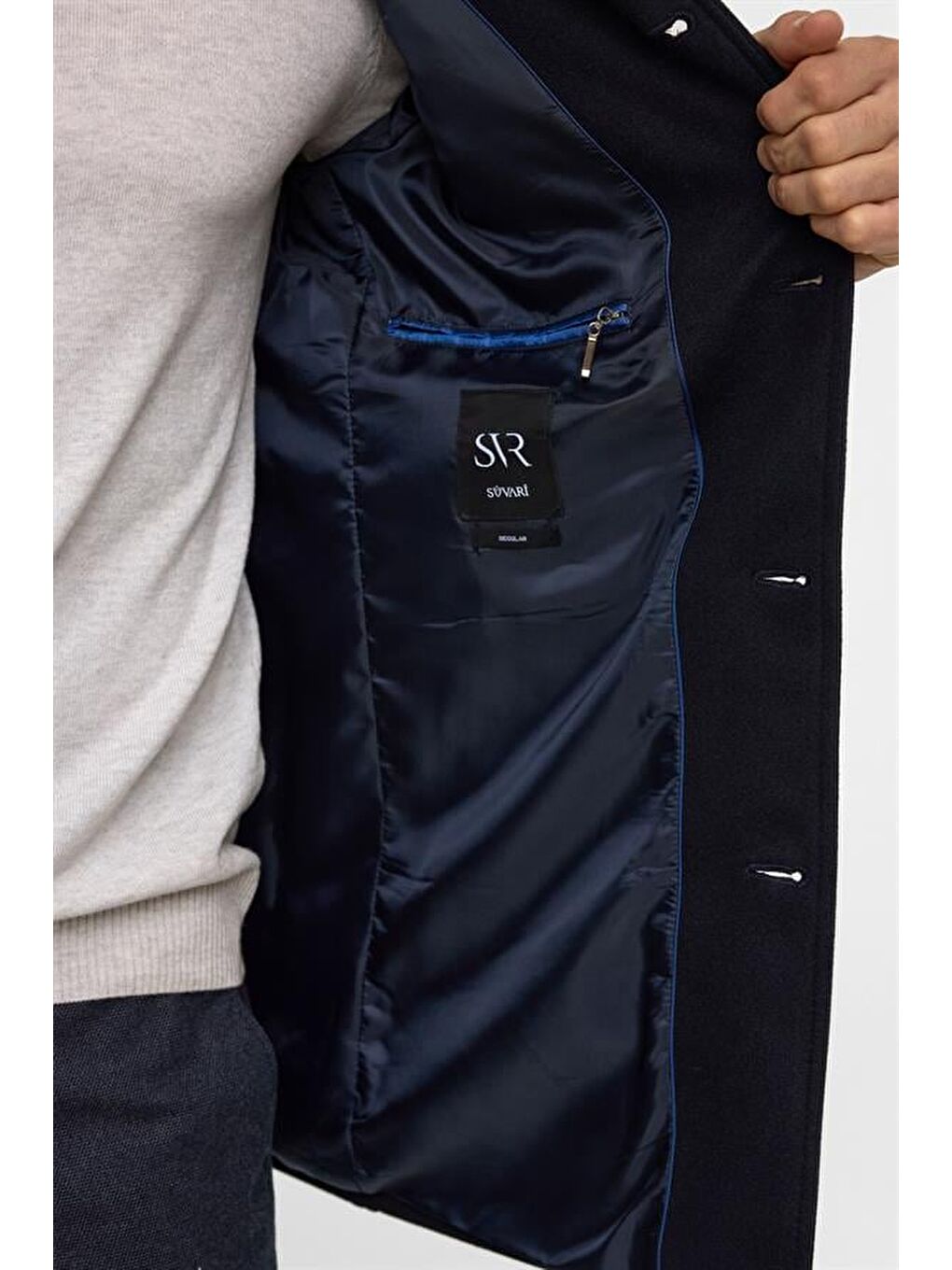 Lacivert Regular Düz Hakim Yaka Kaban-5