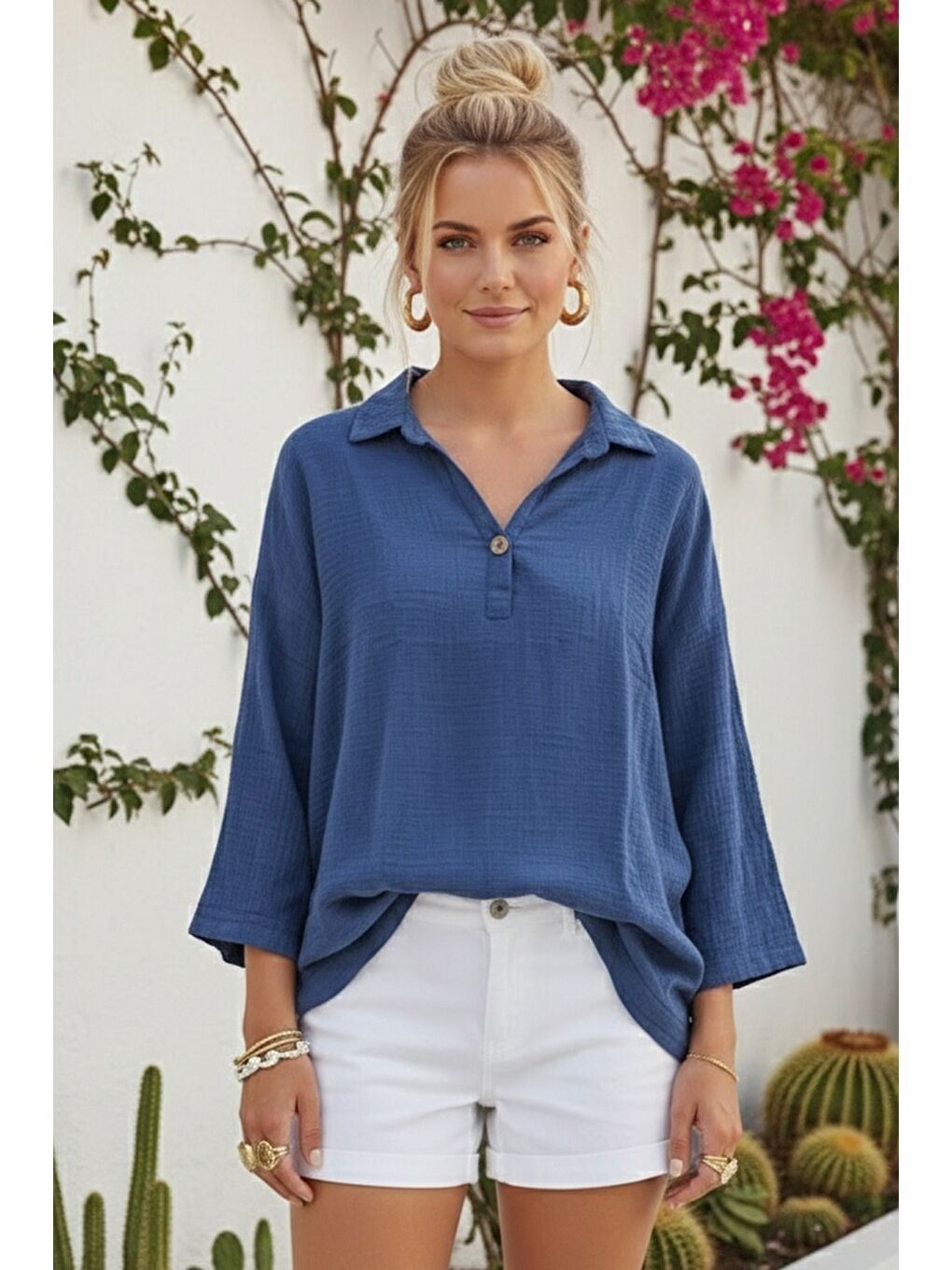 Mavi Gömlek Yaka Düğmeli Uzun Kollu Yıkamalı Casual Müslin Dokuma Bluz 70 65-3