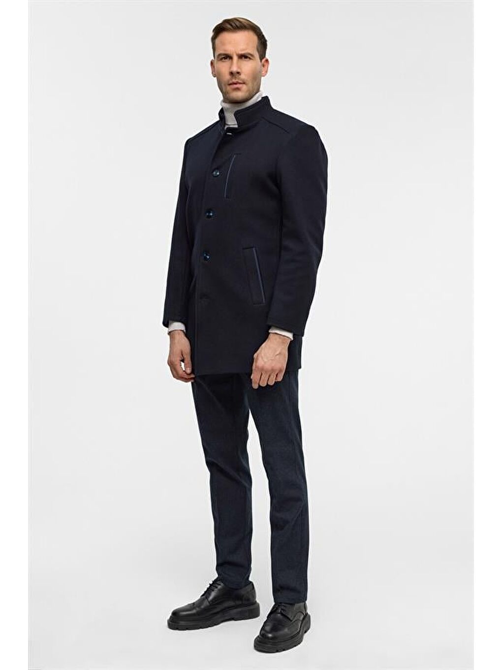 Lacivert Regular Düz Hakim Yaka Kaban-6