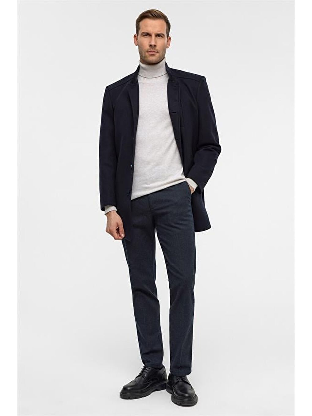 Lacivert Regular Düz Hakim Yaka Kaban-8