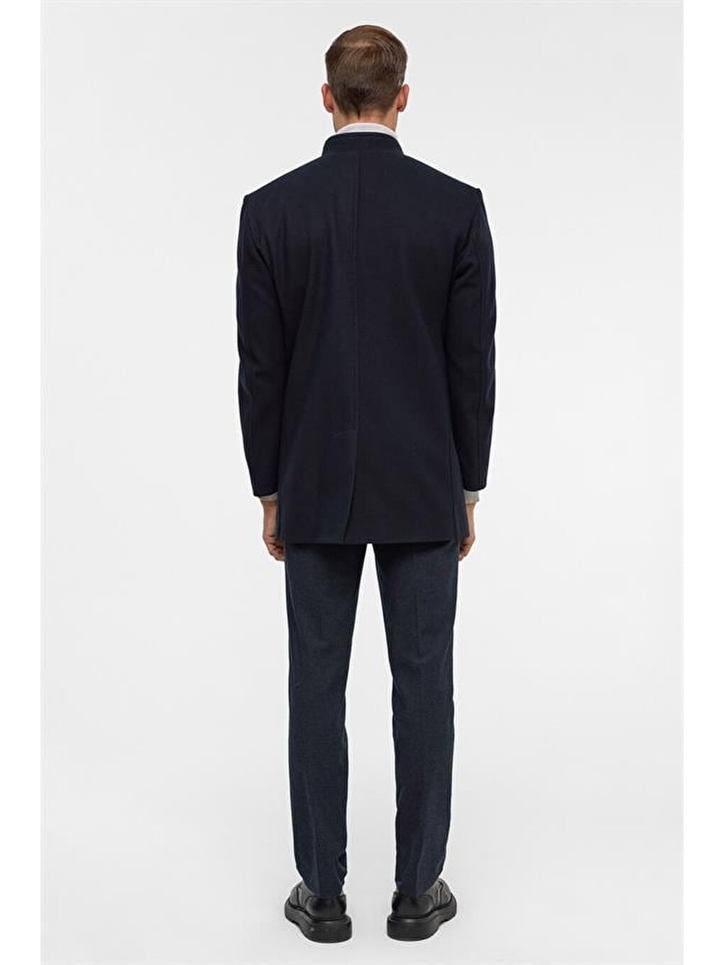 Lacivert Regular Düz Hakim Yaka Kaban-9