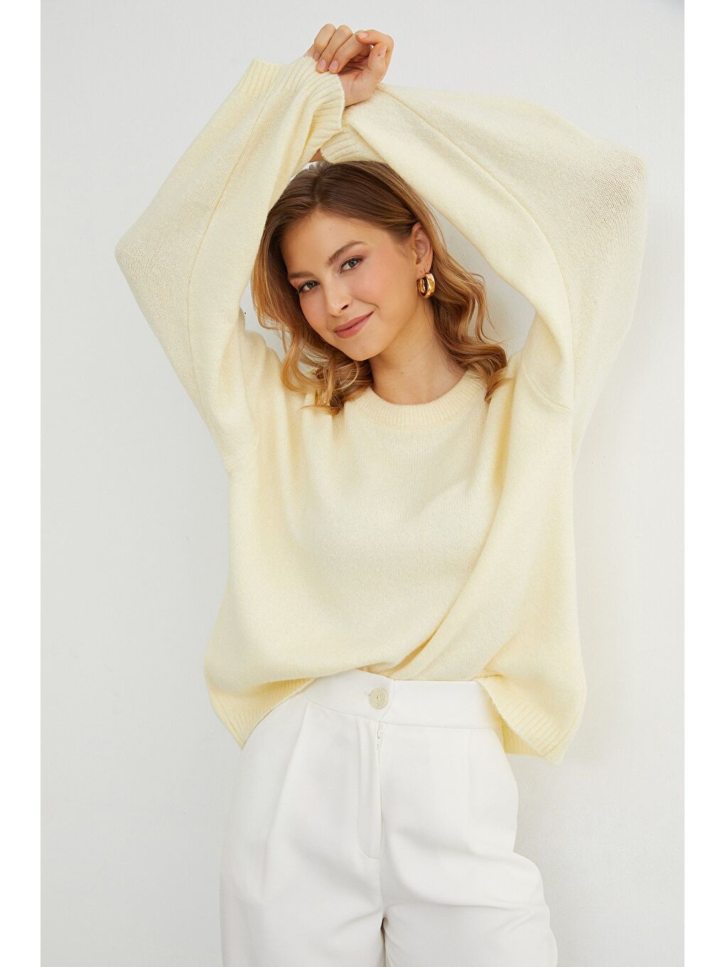 Sarı Basic Bisiklet Yaka Salaş Triko Kazak-2