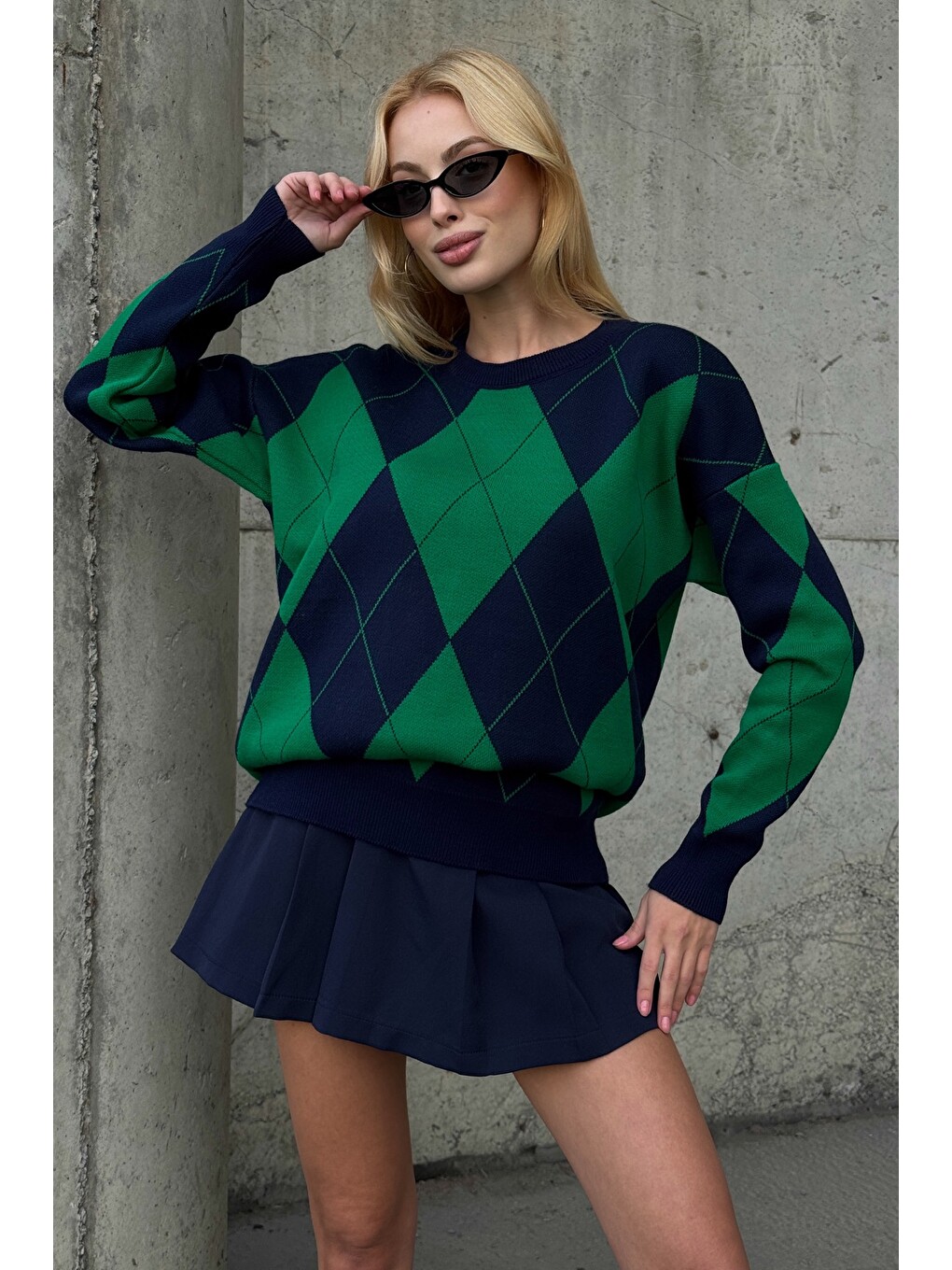 Lacivert-Yeşil Bisiklet Yaka Uzun Kol Baklava Desenli Long Fit Oversize Triko Kazak 74 58-1