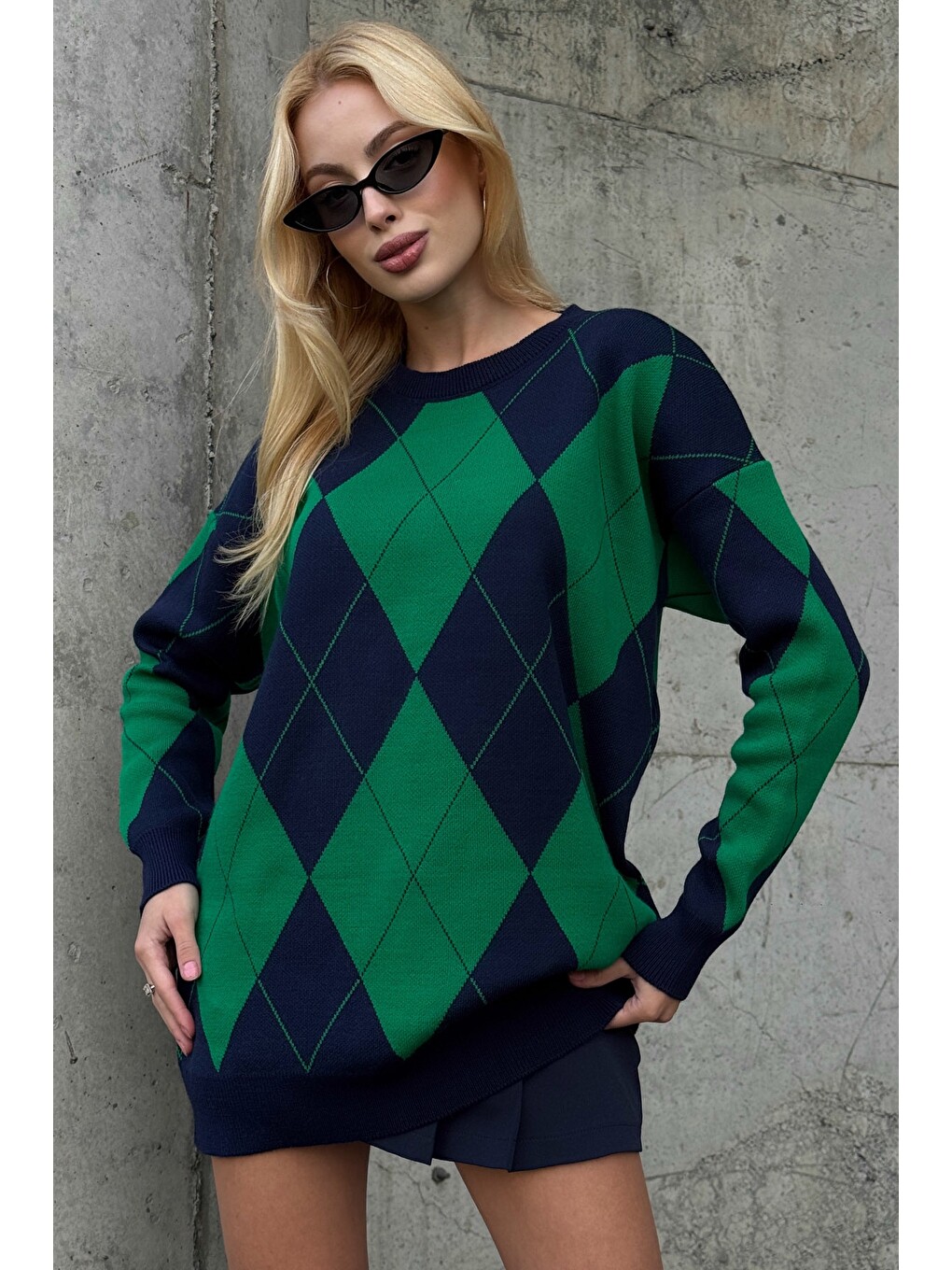 Lacivert-Yeşil Bisiklet Yaka Uzun Kol Baklava Desenli Long Fit Oversize Triko Kazak 74 58-2