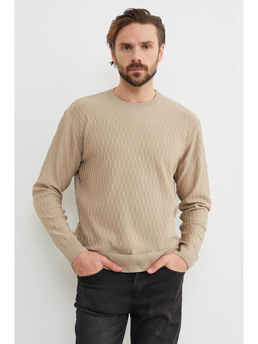 Bej Basic Bisiklet Yaka Triko Kazak