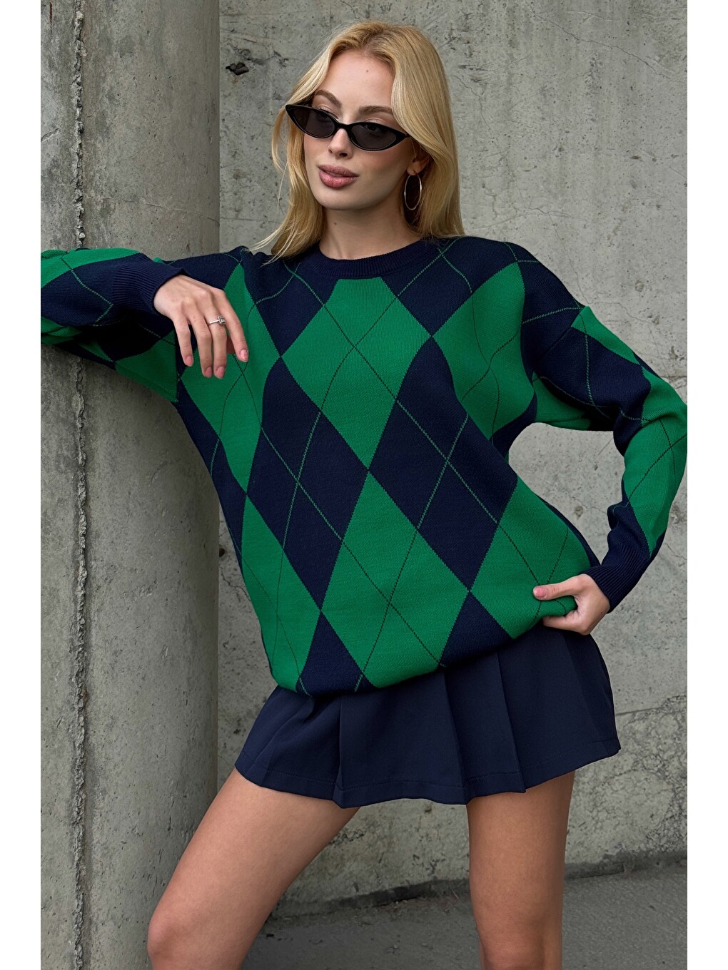 Lacivert-Yeşil Bisiklet Yaka Uzun Kol Baklava Desenli Long Fit Oversize Triko Kazak 74 58-3