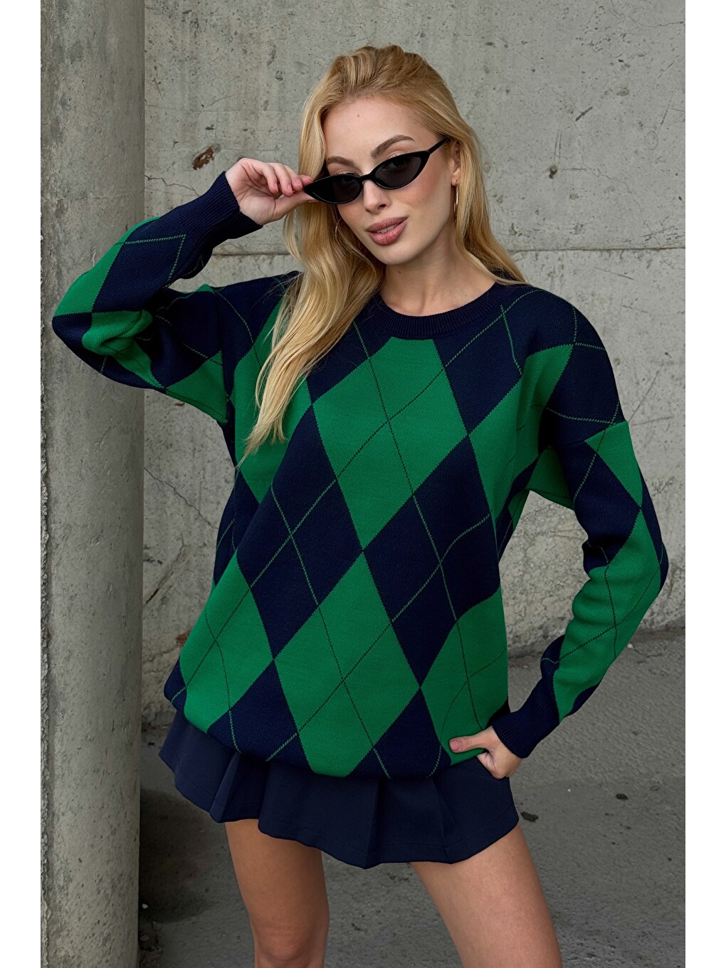 Lacivert-Yeşil Bisiklet Yaka Uzun Kol Baklava Desenli Long Fit Oversize Triko Kazak 74 58-4