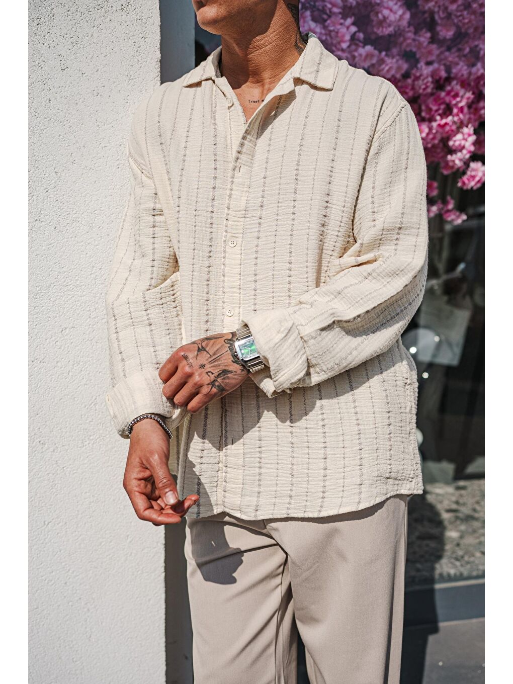 Erkek Oversize Pamuklu Yumuşak Dokulu Çizgili Gömlek Gri Bej-1