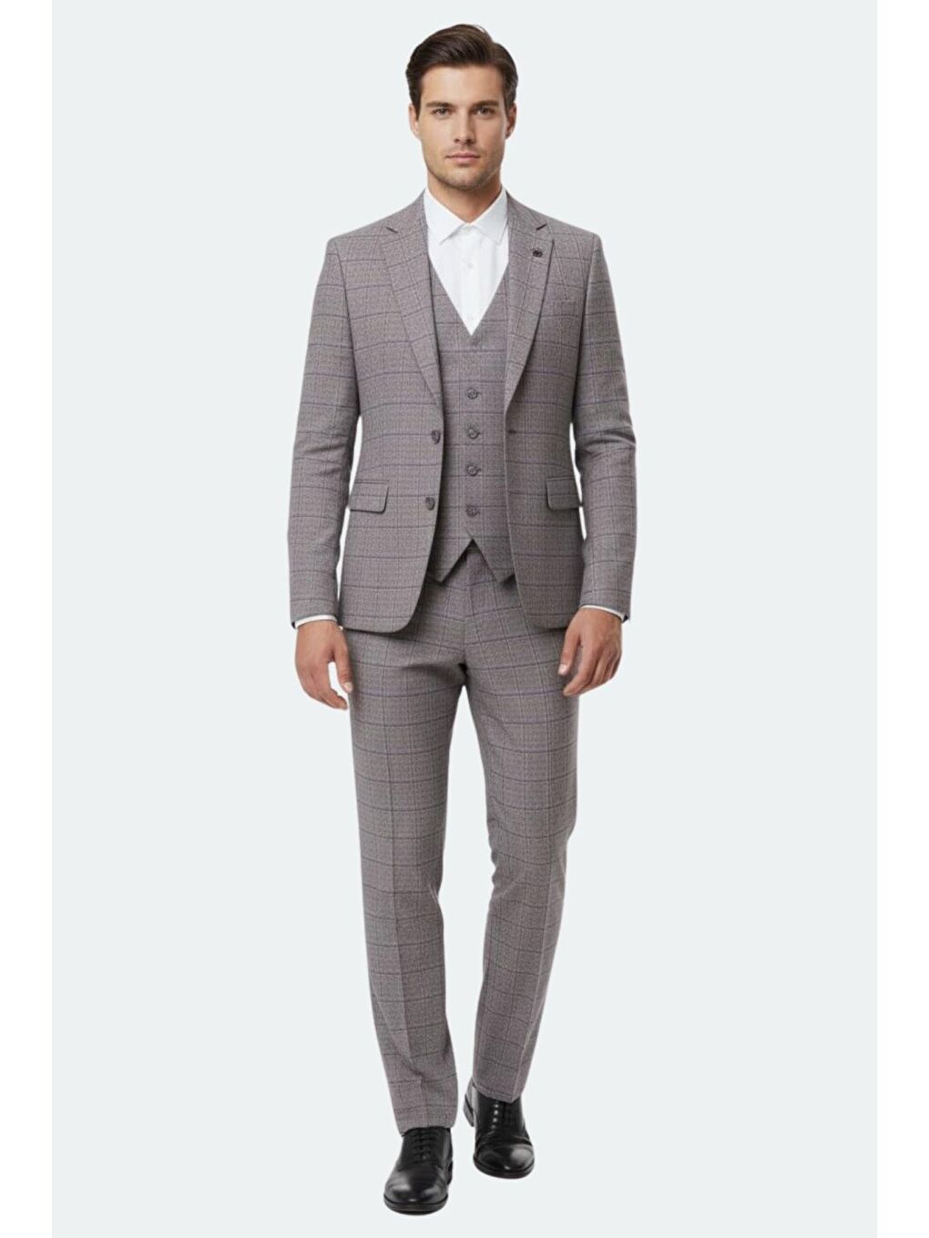 Bordo Regular Fit Kareli Mono Yaka Yelekli Takım Elbise