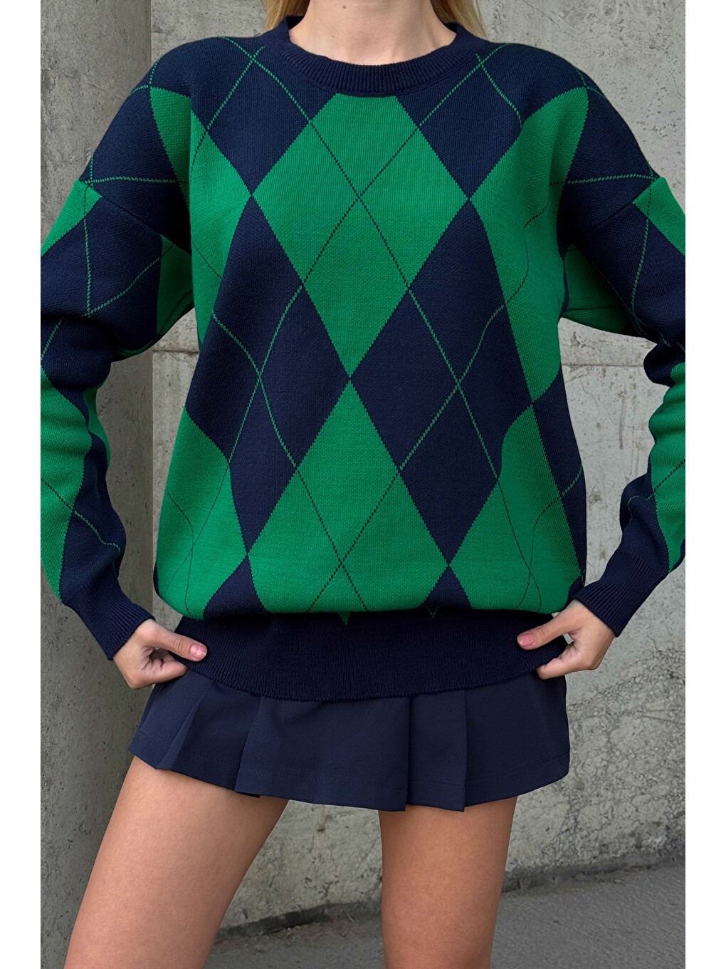 Lacivert-Yeşil Bisiklet Yaka Uzun Kol Baklava Desenli Long Fit Oversize Triko Kazak 74 58-6
