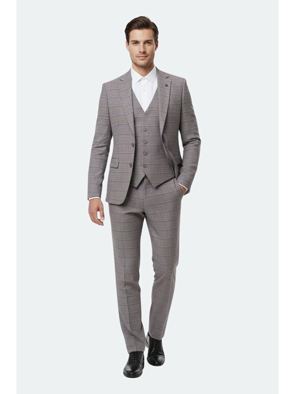 Bordo Regular Fit Kareli Mono Yaka Yelekli Takım Elbise-1