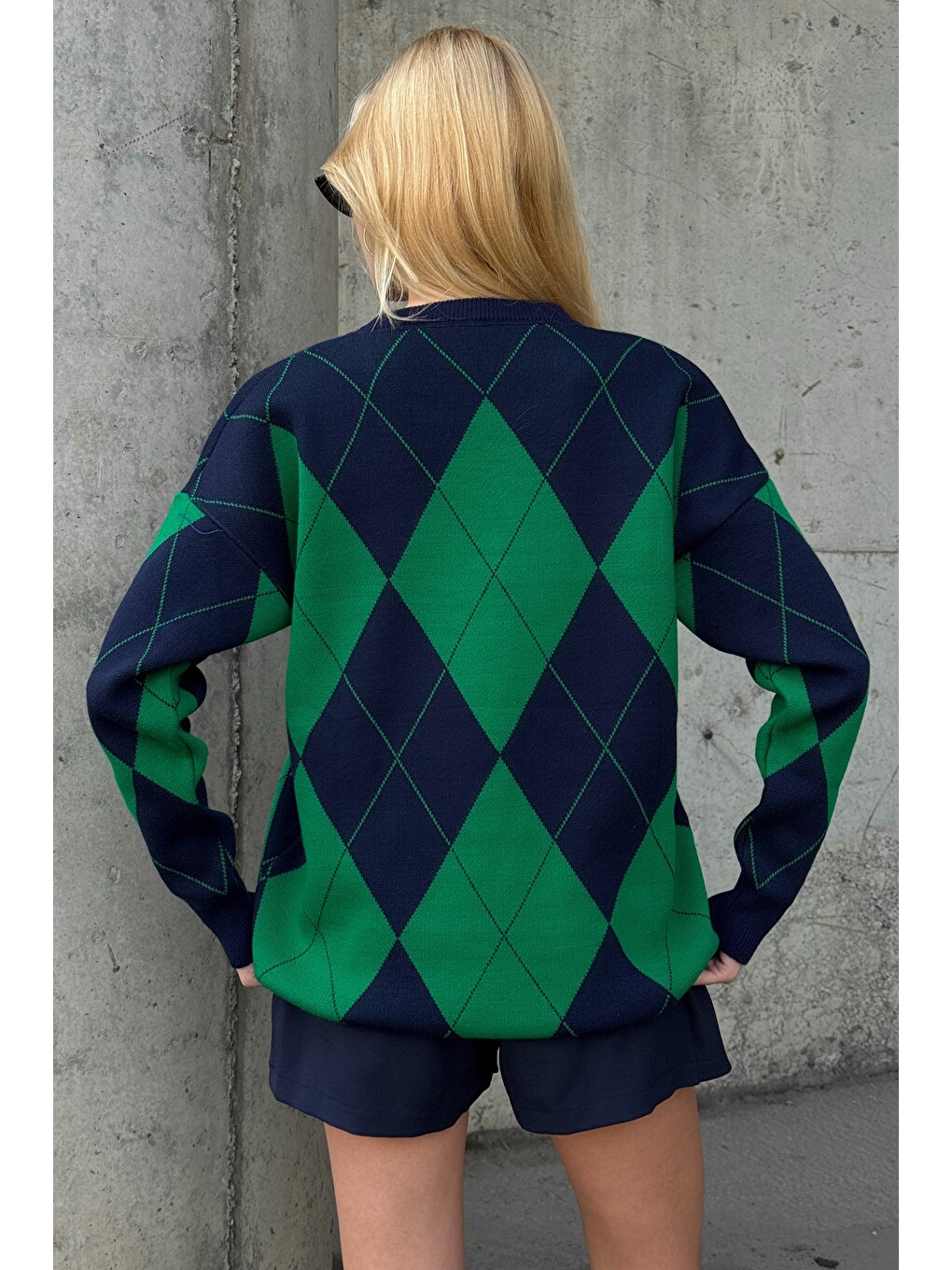 Lacivert-Yeşil Bisiklet Yaka Uzun Kol Baklava Desenli Long Fit Oversize Triko Kazak 74 58-7