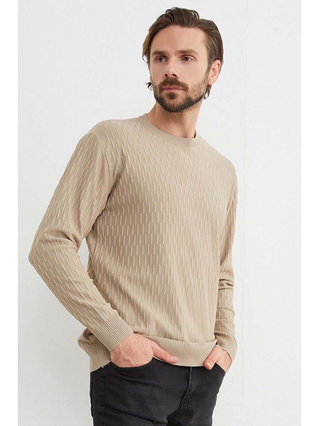 Bej Basic Bisiklet Yaka Triko Kazak-1