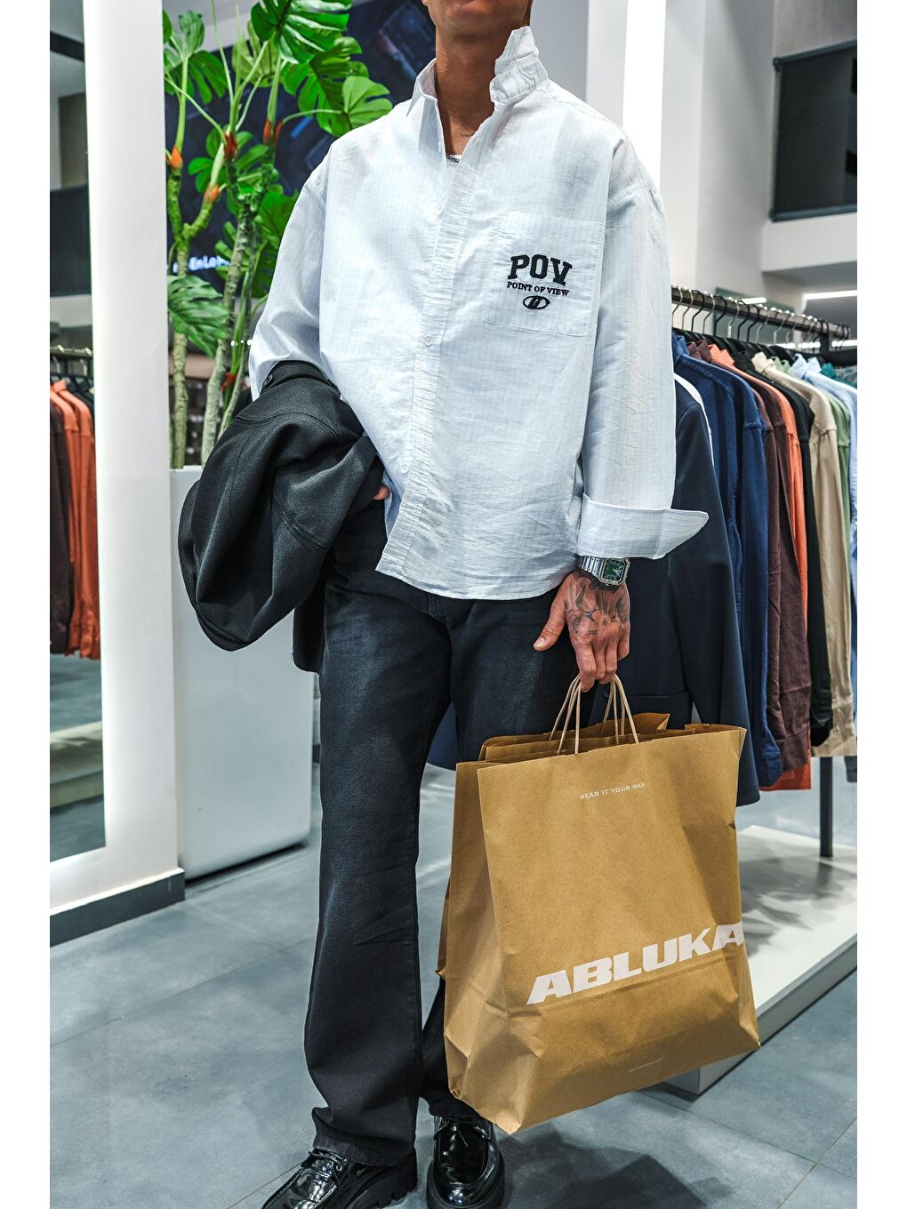 Erkek Uzun Kollu Nakış İşlemeli Oversize Gömlek Beyaz