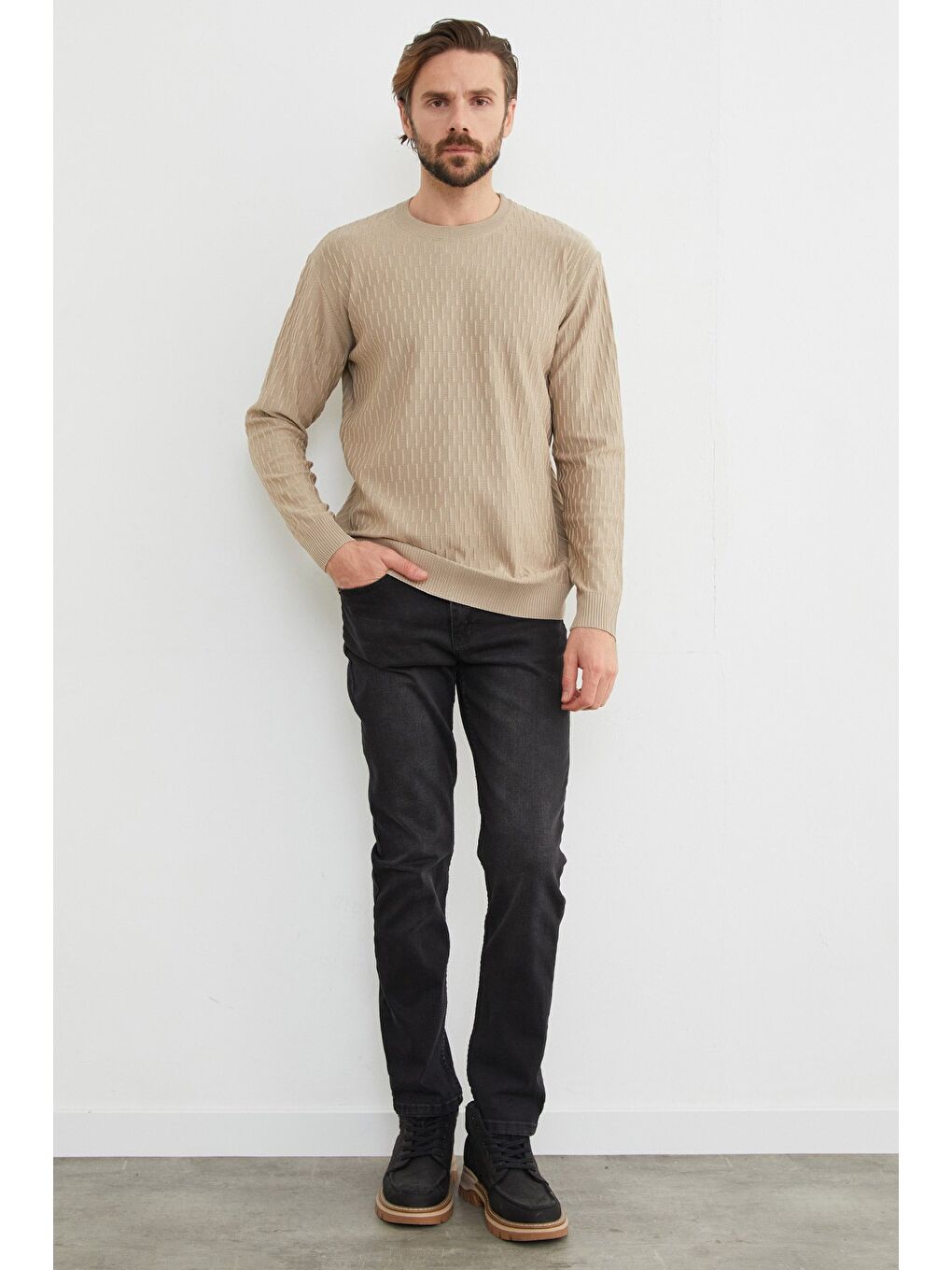 Bej Basic Bisiklet Yaka Triko Kazak-2