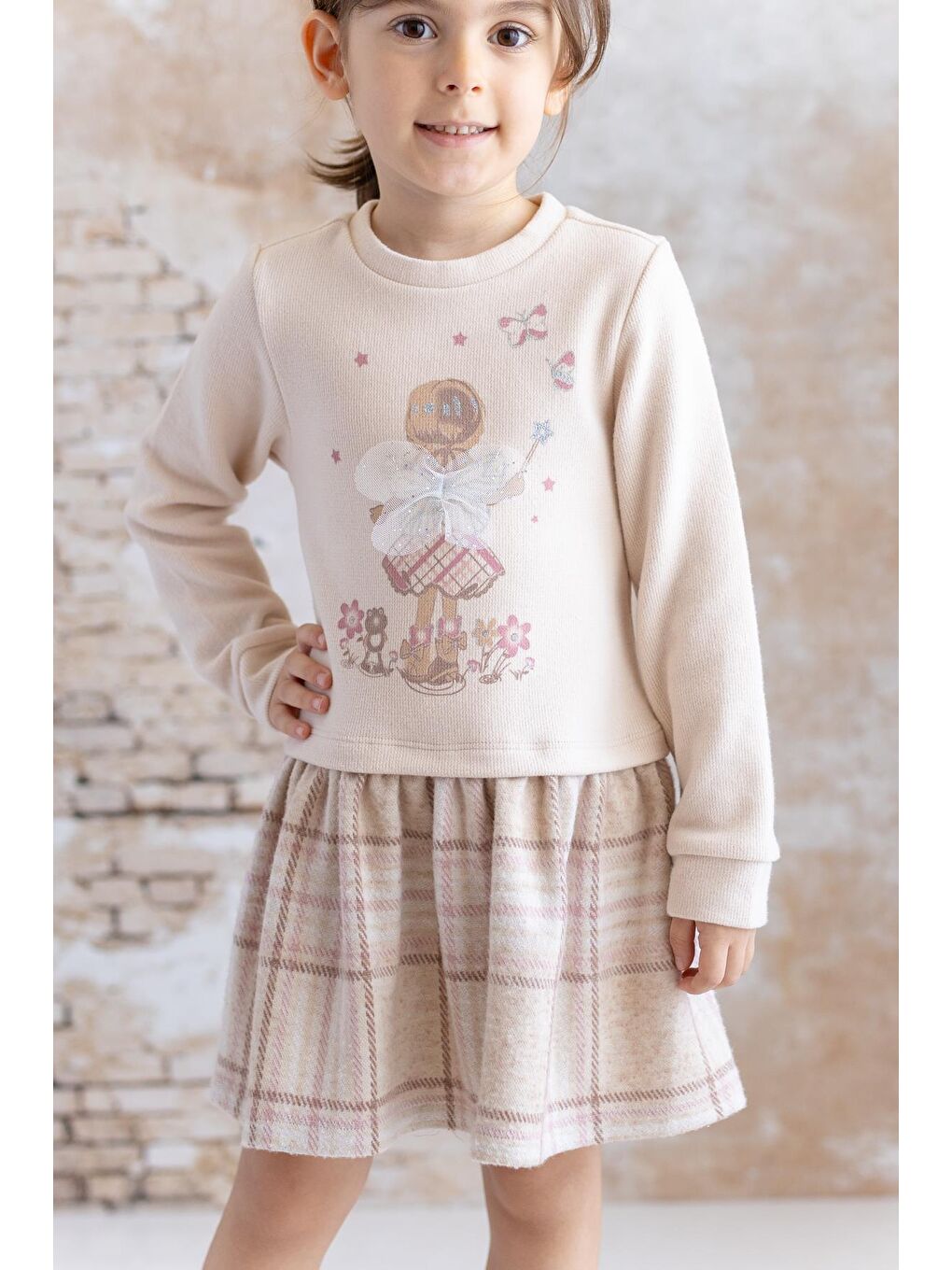 Karışık Kız Bebek Baskılı Ve Tül Detaylı Garnili Elbise - Ekose-1