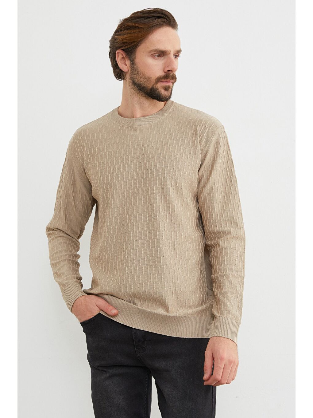 Bej Basic Bisiklet Yaka Triko Kazak-3