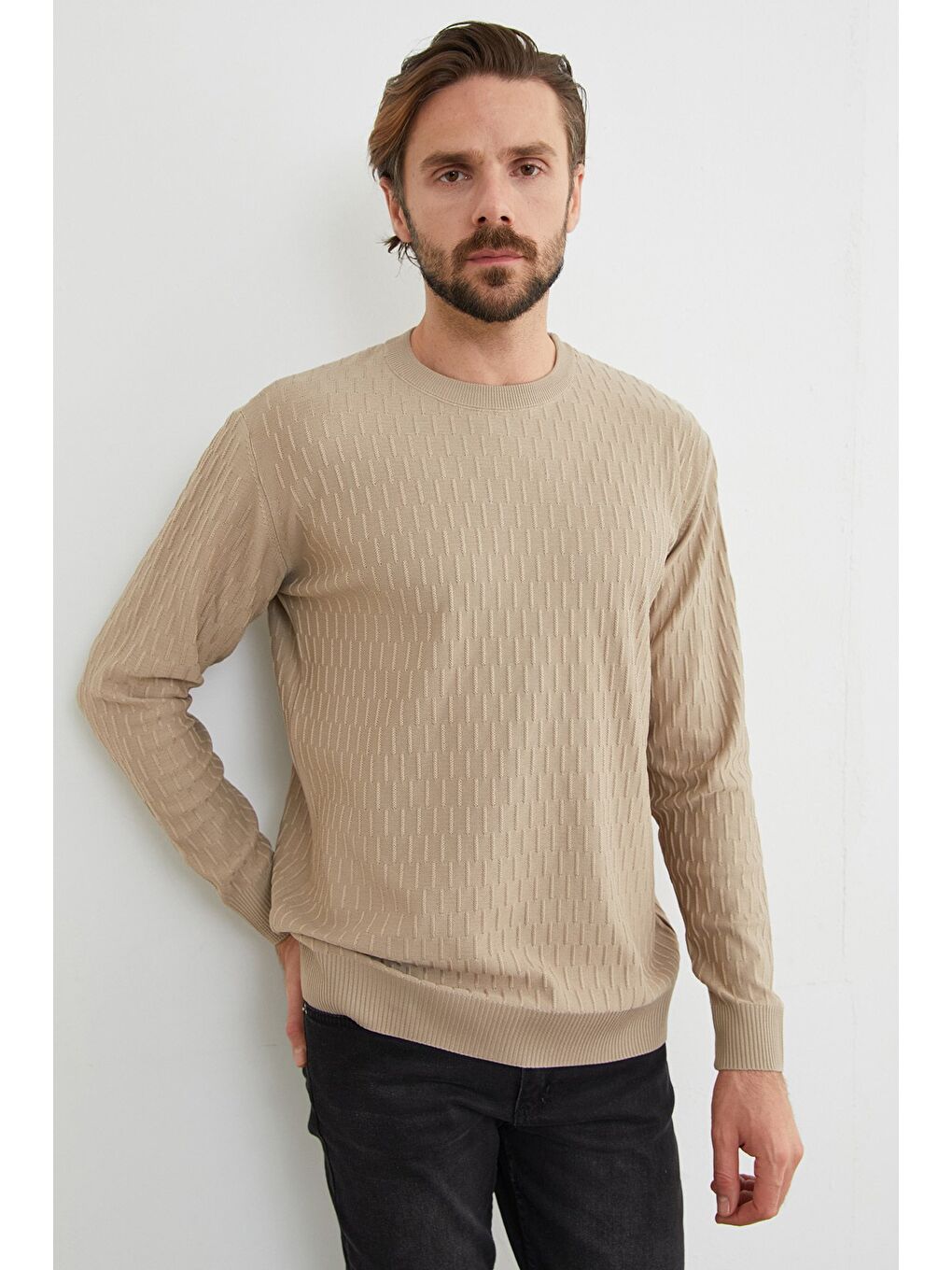 Bej Basic Bisiklet Yaka Triko Kazak-4